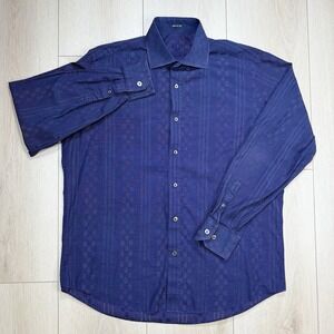 Bugatchi Uomo‎ Blue Stripe Jacquard Button Shirt Men's XL Classic Fit Cotton